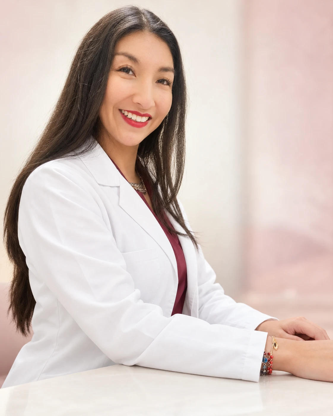 Dra. Gabriela Quiroga, sonriendo con bata médica