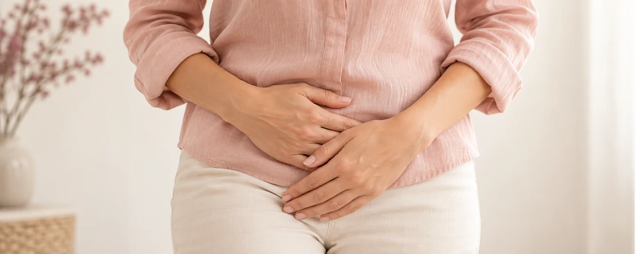 Manos apoyadas suavemente sobre el abdomen, con ropa rosa cálido